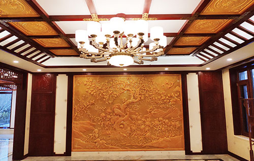 防城中式别墅客厅中式木作横梁吊顶装饰展示